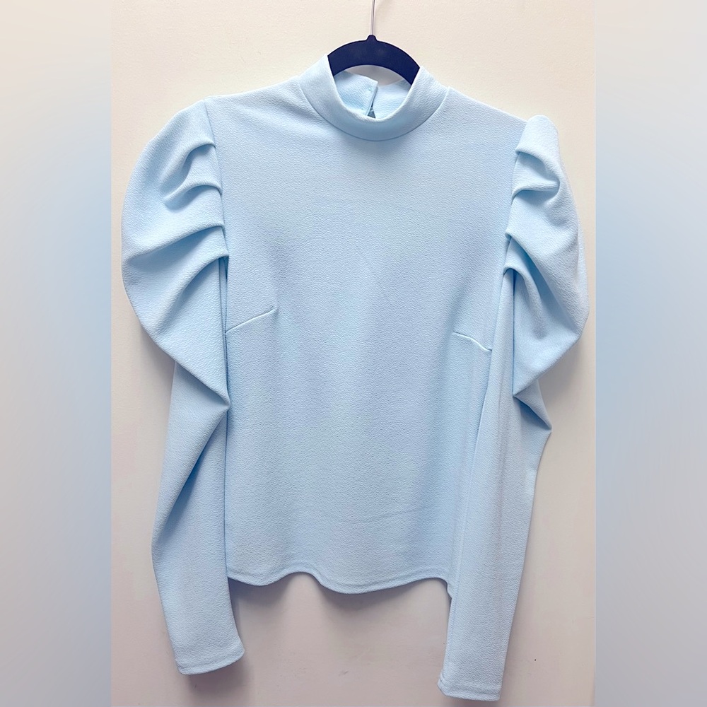 SHEIN Mock Neck Gigot long Sleeve Tee Blue Blouse with Mandarin Collar sizeM